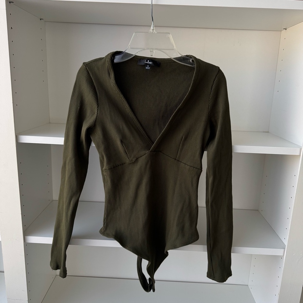 LULUS Always Aesthetic Olive Green Ribbed Long Sleeve Bodysuit - Picture 5 of 8